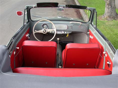 • pan off restoration • correct engine for 1953 • correct transmission for 1953 no first gear synchro • period correct wool headliner • period correct seat cover and interior panels • original cardboard glove box • period correct shift pattern shift. Original Style 1953-1955 VW Beetle Convertible Interior