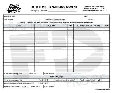 Field Level Hazard Assessment Card FLHA3C Template Forms Direct