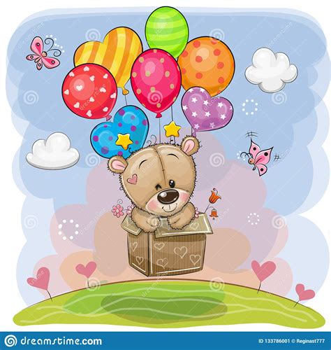 Cute Teddy Bear In The Box Is Flying On Balloons Stock Vector