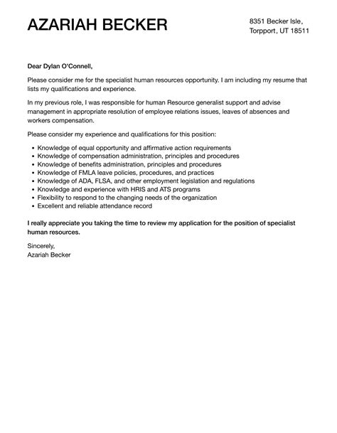 Specialist Human Resources Cover Letter Velvet Jobs