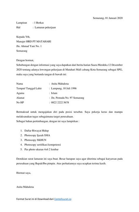Download Contoh Surat Lamaran Kerja SPG Matahari Department Store - Contoh Surat