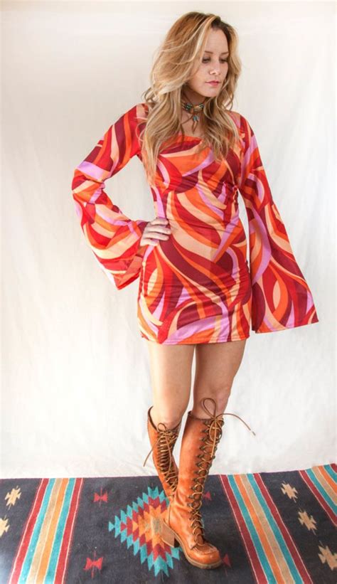 psychedelic bell sleeved mod mini dress womens small s xs long sleeved short gogo dress