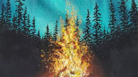 Campfire Forest Night Sky Aurora Borealis Acrylic Painting Live