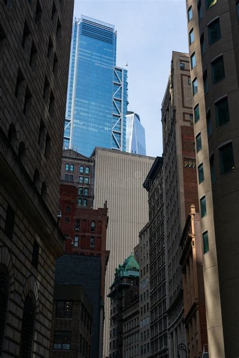 Street With Old And New Buildings And Skyscrapers In Lower Manhattan Of