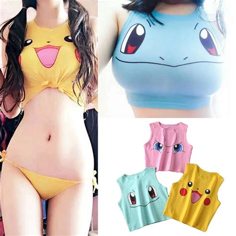 Harajuku Sexy Girls Cosplay Costume Pokemon Pikachu Crop Tops Shirt Print Tank Tops