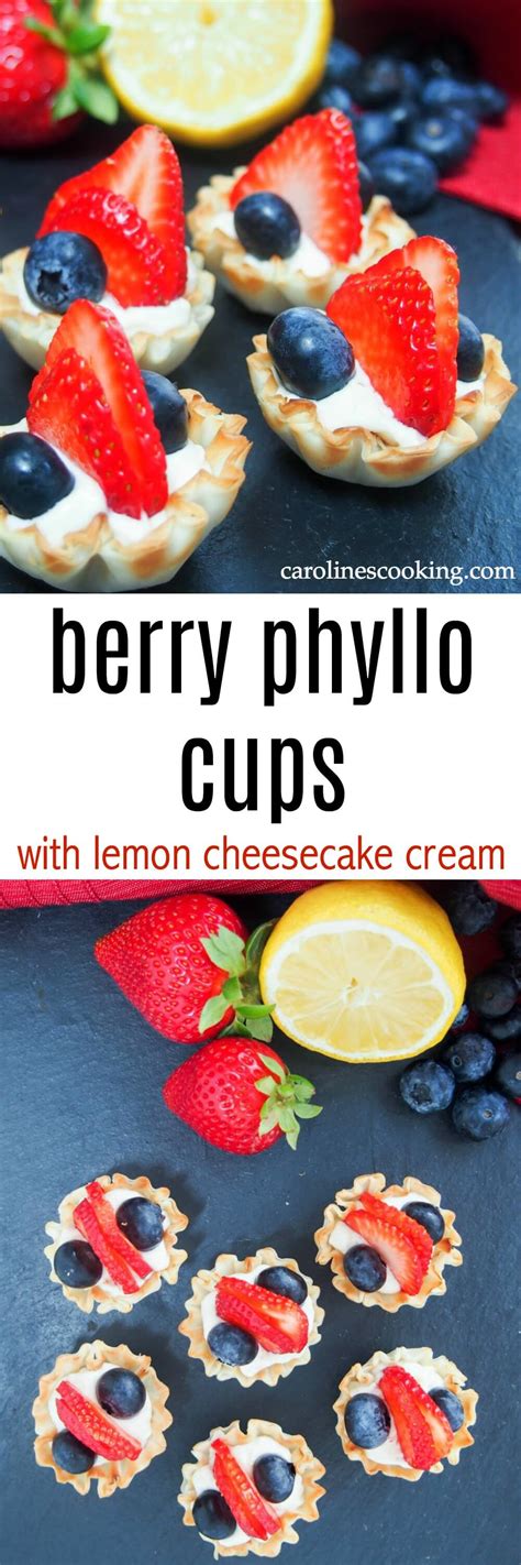 They phyllo dough is first gently coated in melted butter, sprinkled with sugar, then shaped in a decorative little croustade shape, which makes it crispy, flaky and caramelized after baking. Berry phyllo cups with lemon cheesecake cream - Caroline's ...