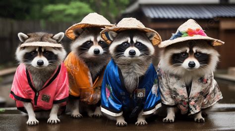 Group Of Cute Raccoons In Japanese Background Animals In Costume Hd