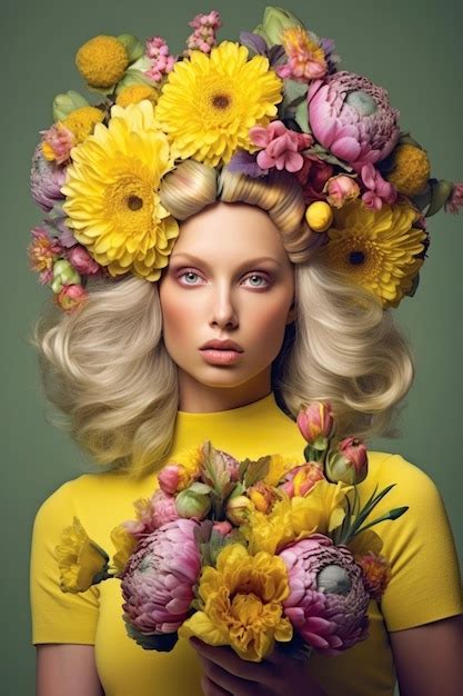 Premium Ai Image A Woman With Flowers In Her Hair Is Wearing A Yellow Dress