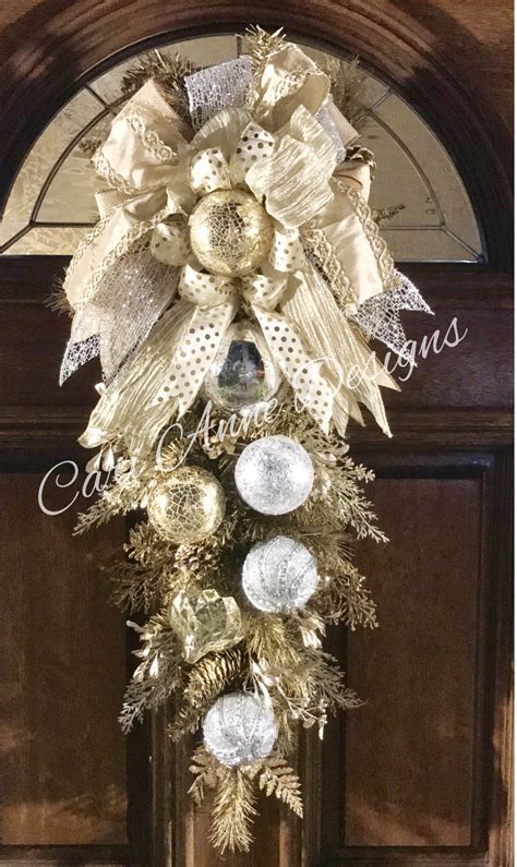 Christmas swag, holiday wreath, elegant christmas wreath, designer holiday swag, country french christmas, frosted. Silver and Gold large Christmas swag. Created by # ...