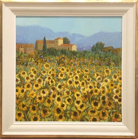 A Painting Of A Sunflower Field With A House In The Background