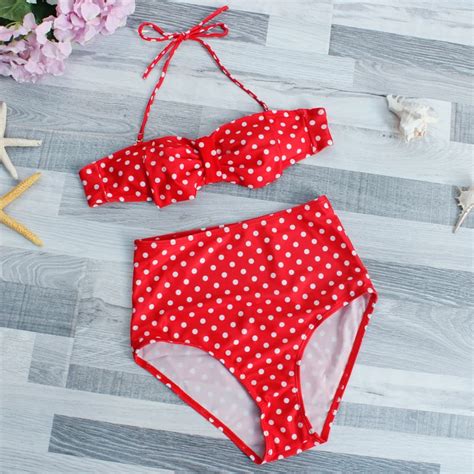 Polka Dot Swimwear Women Bandeau Bikinis 2017 Bowknot Swimsuit High Waist Bikini Set Red Bathing