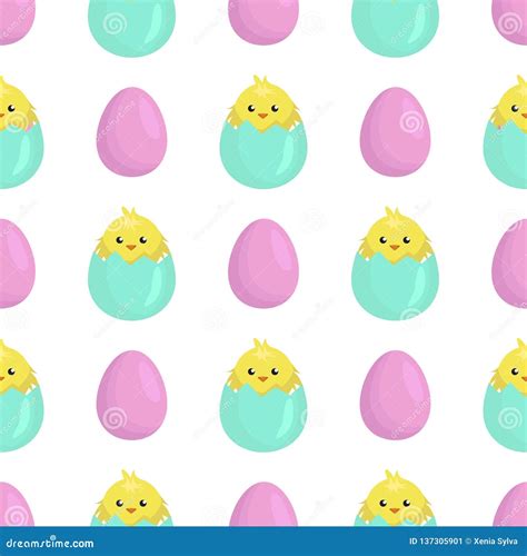 Vector Seamless Pattern With Easter Eggs And Cute Chickens Stock