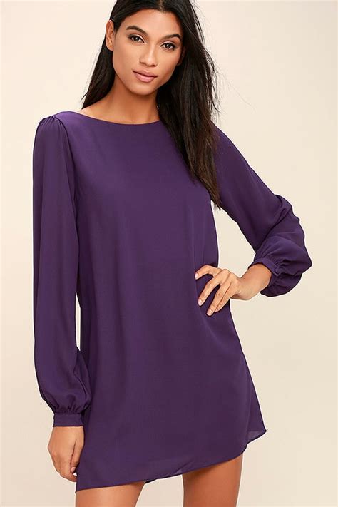 Pretty Purple Dress Shift Dress Long Sleeve Dress 4200 Lulus