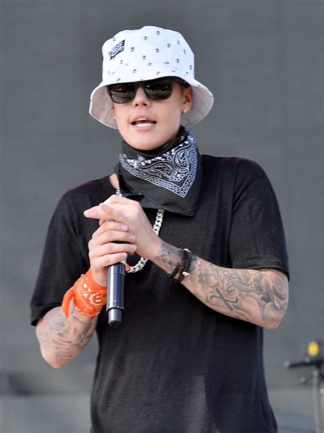 Justin Bieber Wore A Bucket Hat A Black Bandanna And Sunglasses