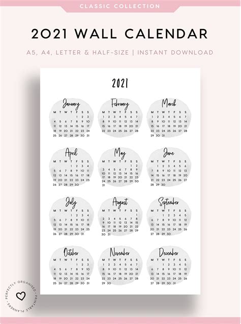 Printable 2021 Wall Calendar 2021 Wall Calendar Printable Etsy