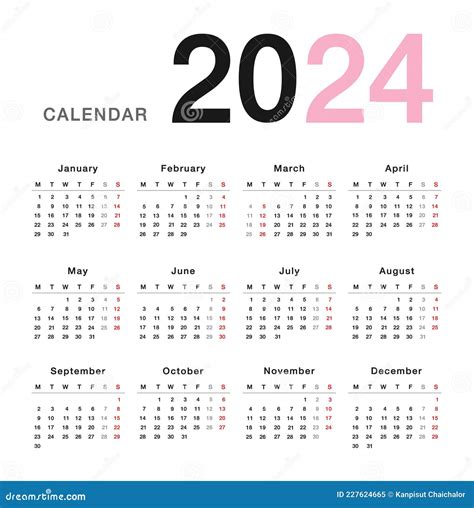 Colorful Year 2024 Calendar Horizontal Vector Design Template