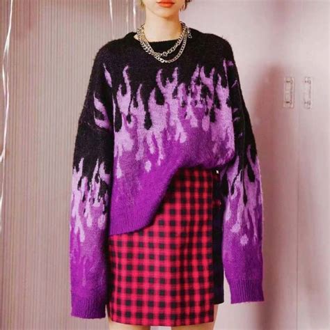 Purple Flame Print Long Sleeve Black Sweater Goth Aesthetic Shop