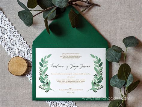 Invitación De Boda Botánica Verde Con Sobre Sencilla Y Elegante Color