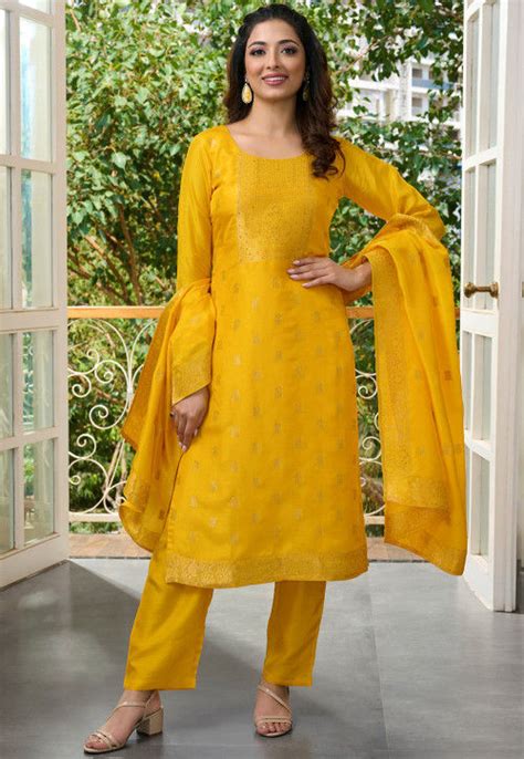 Woven Brocade Silk Pakistani Suit In Yellow Kbz446