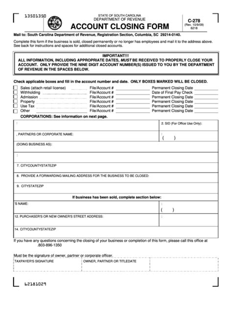 Form C 278 Account Closing Form Printable Pdf Download