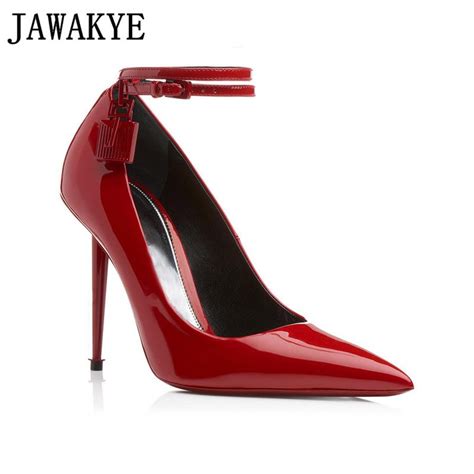 Black Patent Leather Pumps Sexy Pointed Toe Thin High Heels Shoes Lock Key Buckle Strap Best