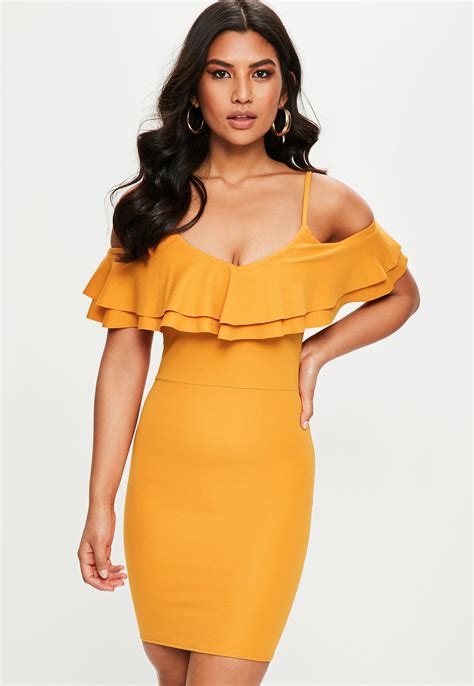 Lyst Missguided Yellow Frill Cold Shoulder Bodycon Dress In Yellow