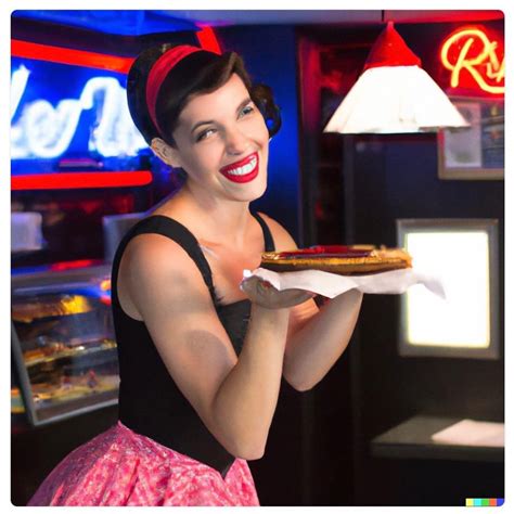 a beautiful brunette waitress with blue eyes and an impeccable smile dressed in 1950 s pinup