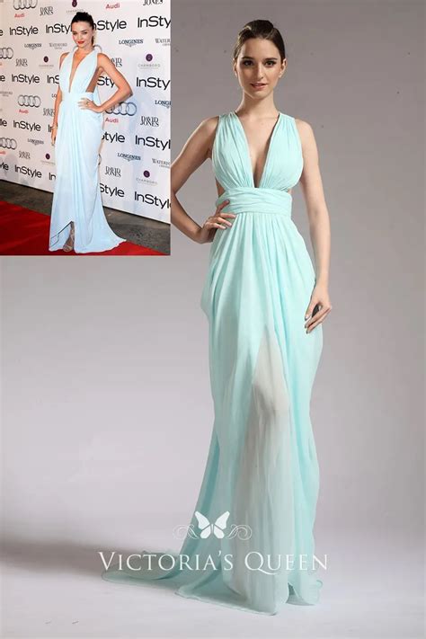 Miranda Kerr Light Blue Sheer Plunging Chiffon Red Carpet Prom Dress Vq