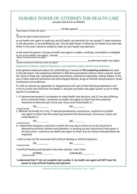 Fillable Durable Power Of Attorney For Health Care Form Dpoah