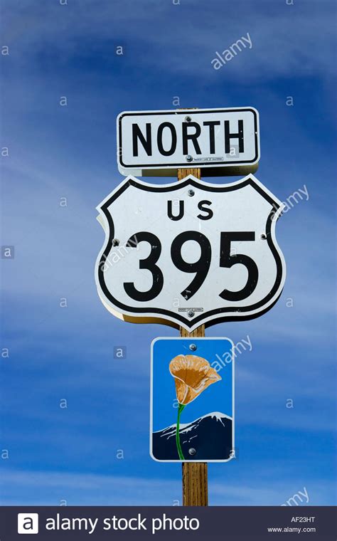 Highway 395 Sign Post Including A California Scenic Highway Sign Stock