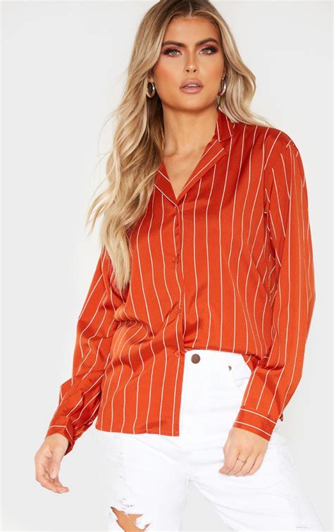 Tall Orange Stripe Print Long Sleeve Shirt Prettylittlething