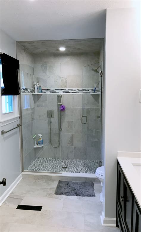 Find gray tile at lowe's today. Gray Tile Shower with Stripe - Complete Custom Tiling