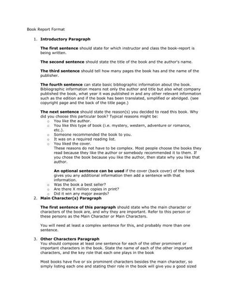 Book Report Format 1 Introductory Paragraph The First Sentence