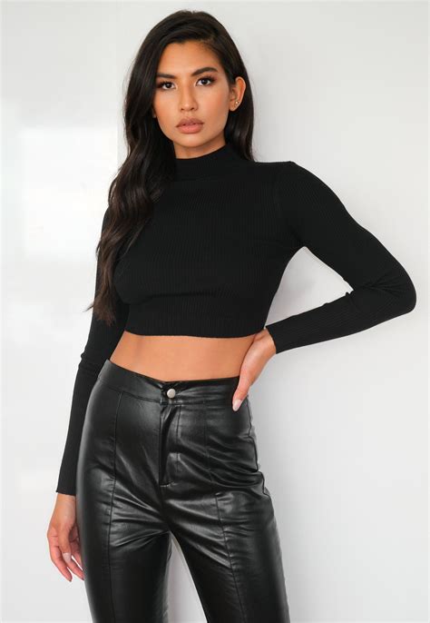 Petite Black Knitted High Neck Ribbed Crop Top Missguided