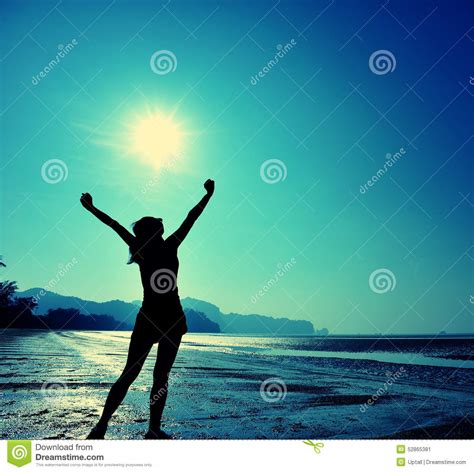 Young Woman Open Arms On Sunrise Beach Stock Image Image Of Ocean