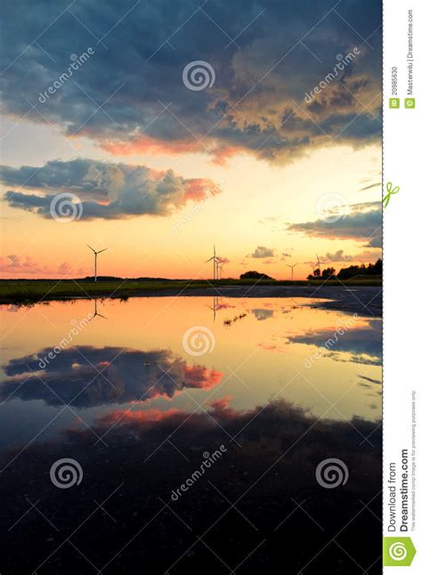 Wind Turbines Reflection In The Water Stock Photo Image