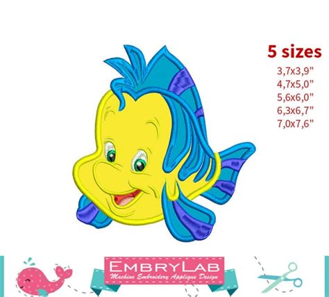 Applique Flounder The Little Mermaid Machine Embroidery Etsy