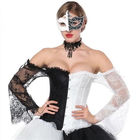 Black And White Lace Long Sleeve Steampunk Corset Sexy Gothic Corsets And