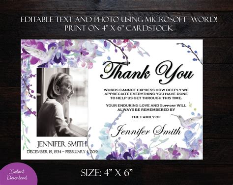 Funeral Photo Thank You Card 4 X 6 Memorial Thank You Card Purple