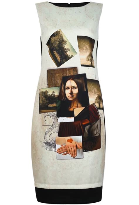 Beige Contrast Black Mona Lisa Print Bodycon Dress Sheinsheinside
