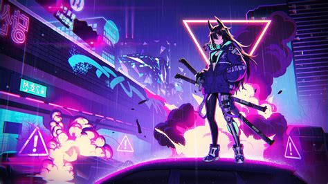 Wallpaper Cyberpunk Anime Girl Neo Seoul Swords Neon Raining