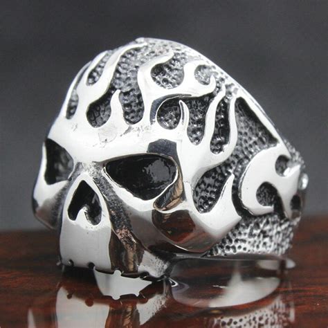 buy 316l stainless steel silver biker skull ring mens motorcycle biker band