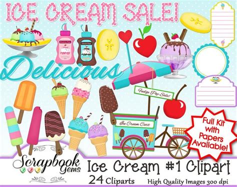 ICE CREAM 1 Clipart Papers Kit 24 Png Clip Arts 21 Jpeg Etsy Clip
