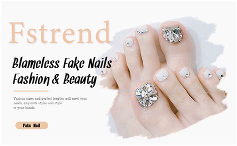 fstrend rhinestones fake toenails white crystal false toe nails bling glitter full