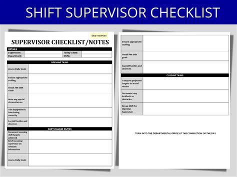 Daily Shift Supervisor Checklist Daily Production Goals MS Editable
