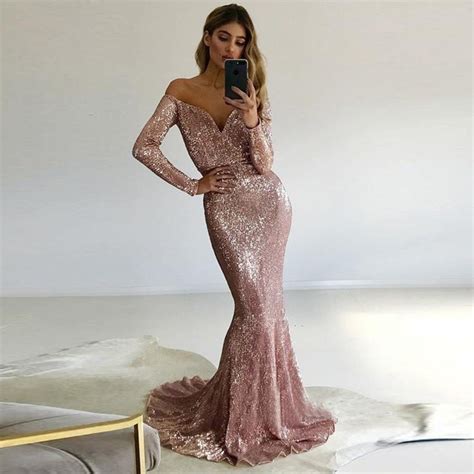 Sexy Rose Gold Sequined Mermaid Prom Gowns Full Sleeves Off The