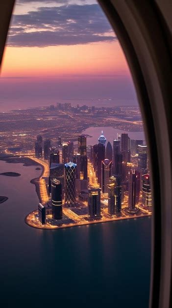 Premium Ai Image Aerial Skyline Of Doha From Airplane At Dusk Qatar