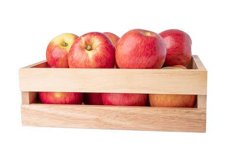 Apple Fruit In Wooden Box Isolate On White Background With Clipping