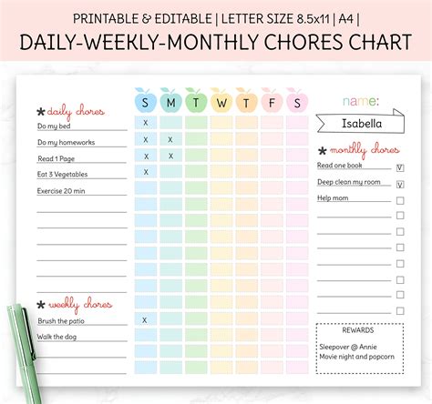 Editable Chore Chart Printable Template Daily Weekly Etsy