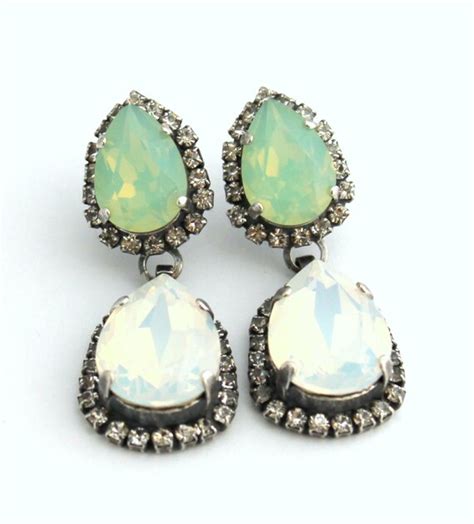 Mint And White Opal Chandelier Earring Statement Crystal